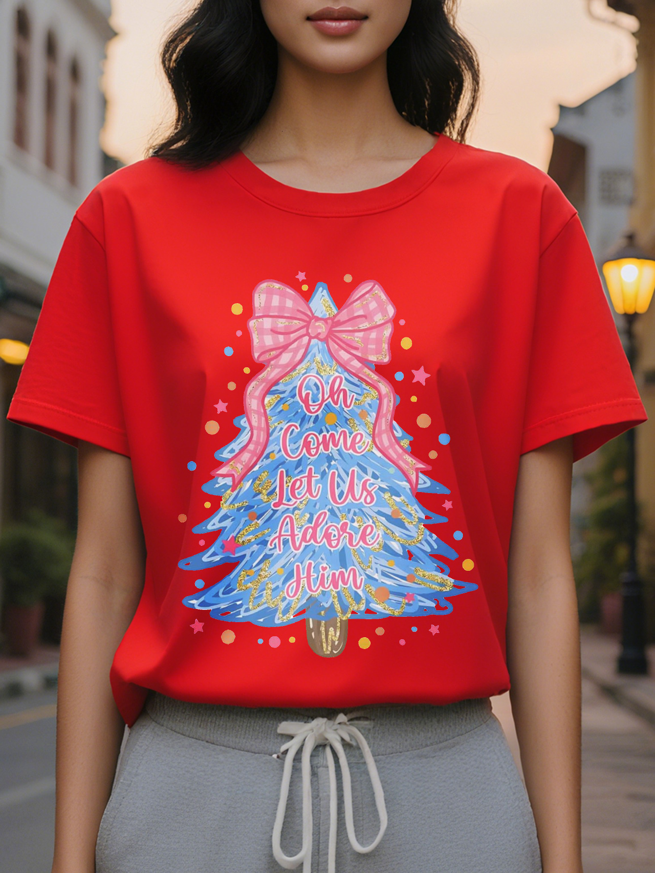 Elegant cotton T-shirt with a Christmas tree, the words 'Come worship him,' round neck casual top suitable for