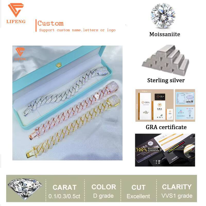 Hip Hop Jewelry 1020mm Bracelet Gold Plated Cuban Link Chain S925 Silver Iced Out VVS Moissanite Diamond Cuban Bracelet