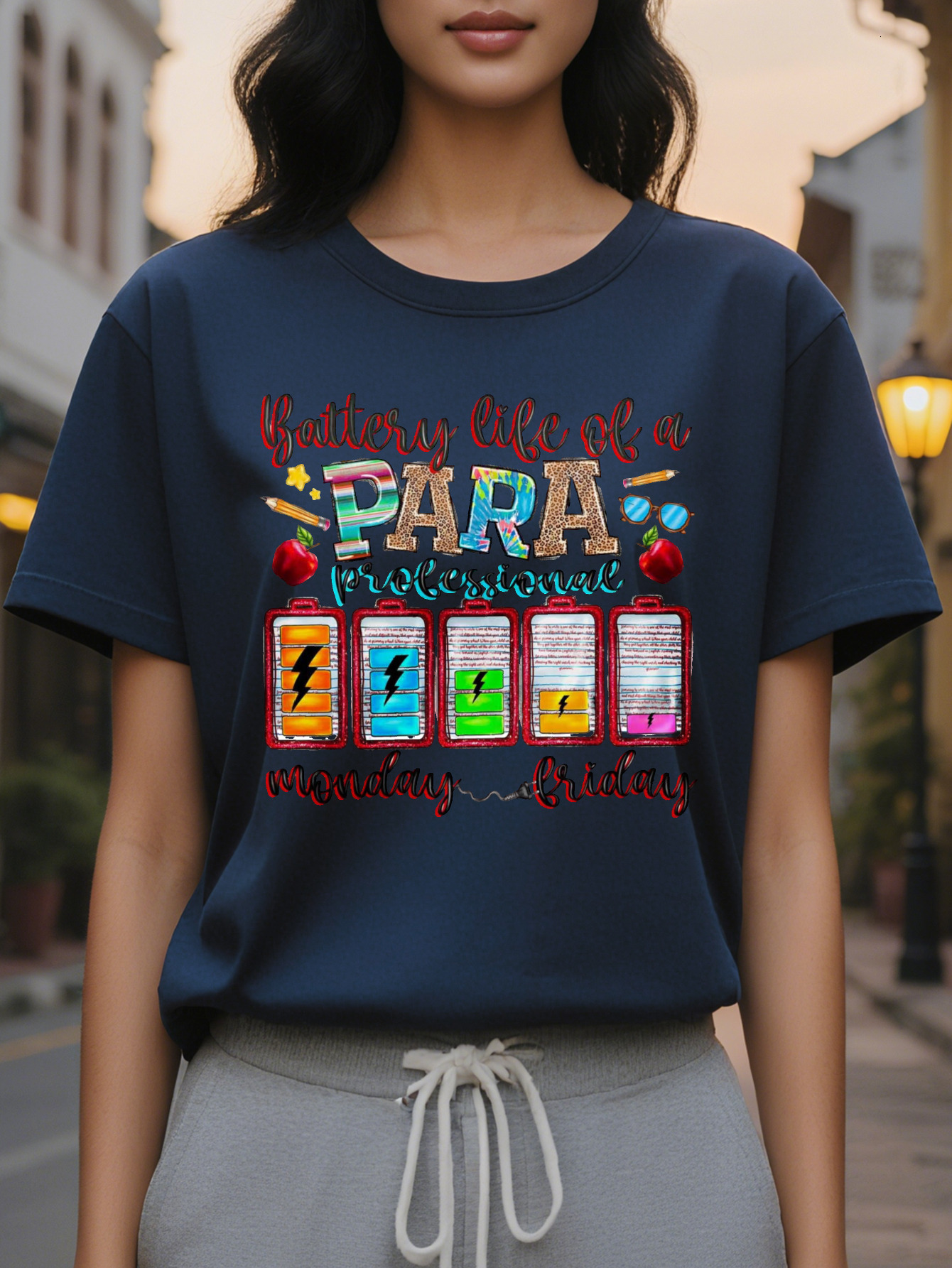 Women's White Semi-Professional Life Pattern Short-Sleeved T-Shirt Funny Battery Icon Letter Design Medium Stretch