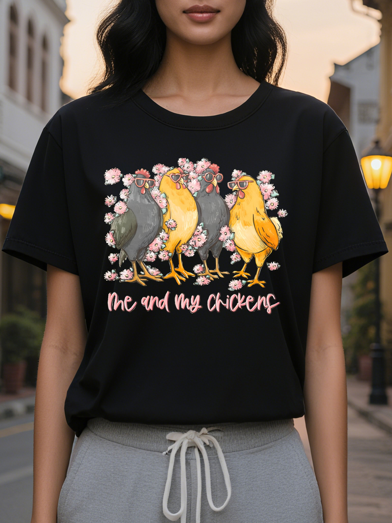 Women S Crew Neck T Shirt with Chick Graphic Print Me and My Chickens Design Short Sleeve Lightweight Cotton