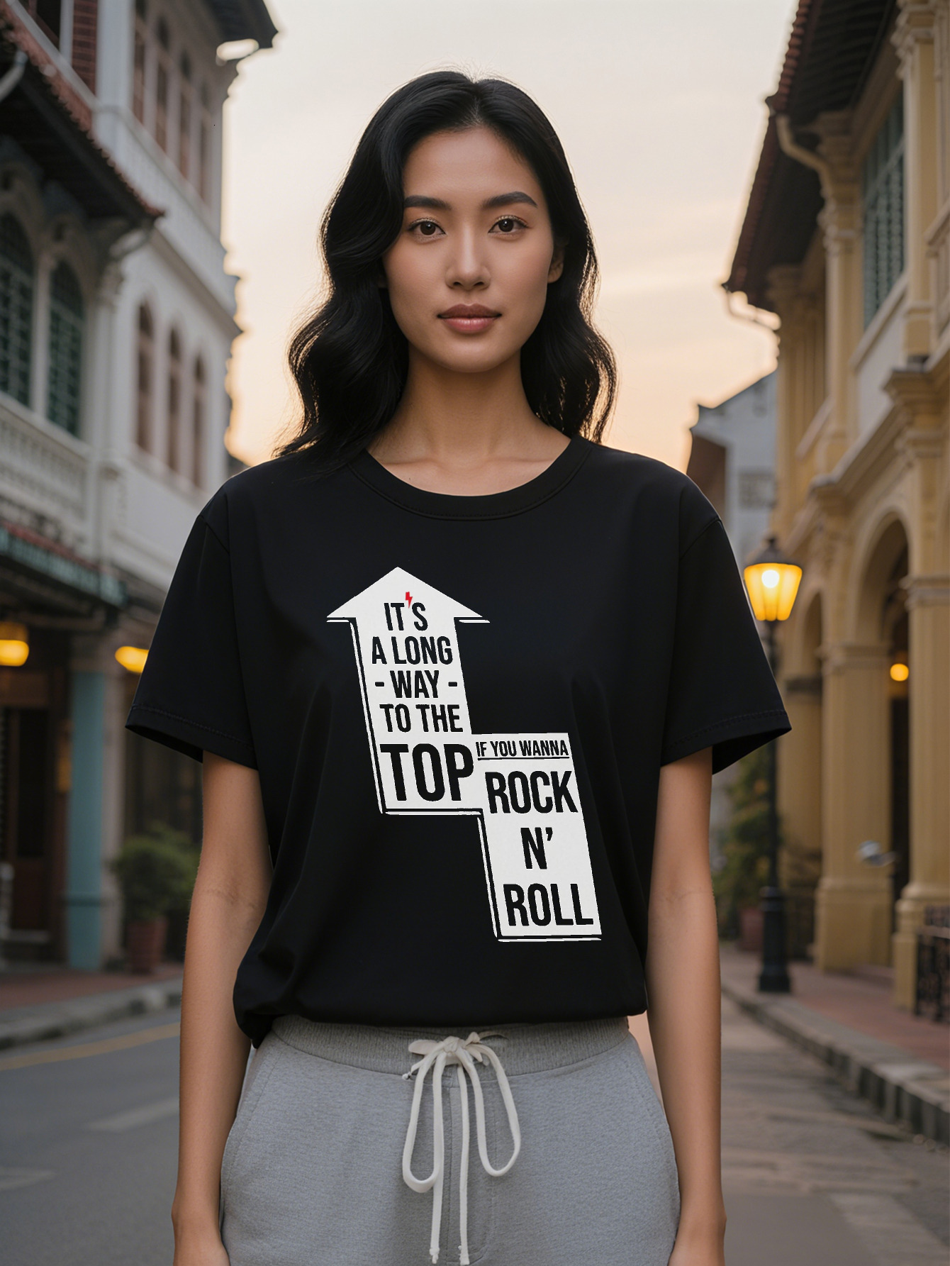 Large XL Women's Casual Crew Neck T-Shirt with It's a Long Way to the Top If You Wanna Rock N Roll Arrow Print Perfect Gift for Plus Size