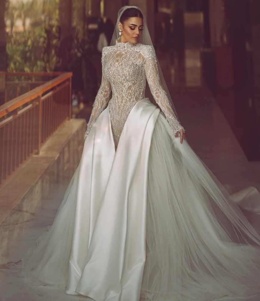 Sexy A Line Women Wedding Dress Sequins Beaded Bridal Gowns High Collar Long Sleeves Detachable Train Dress Custom Made vestidos de novia