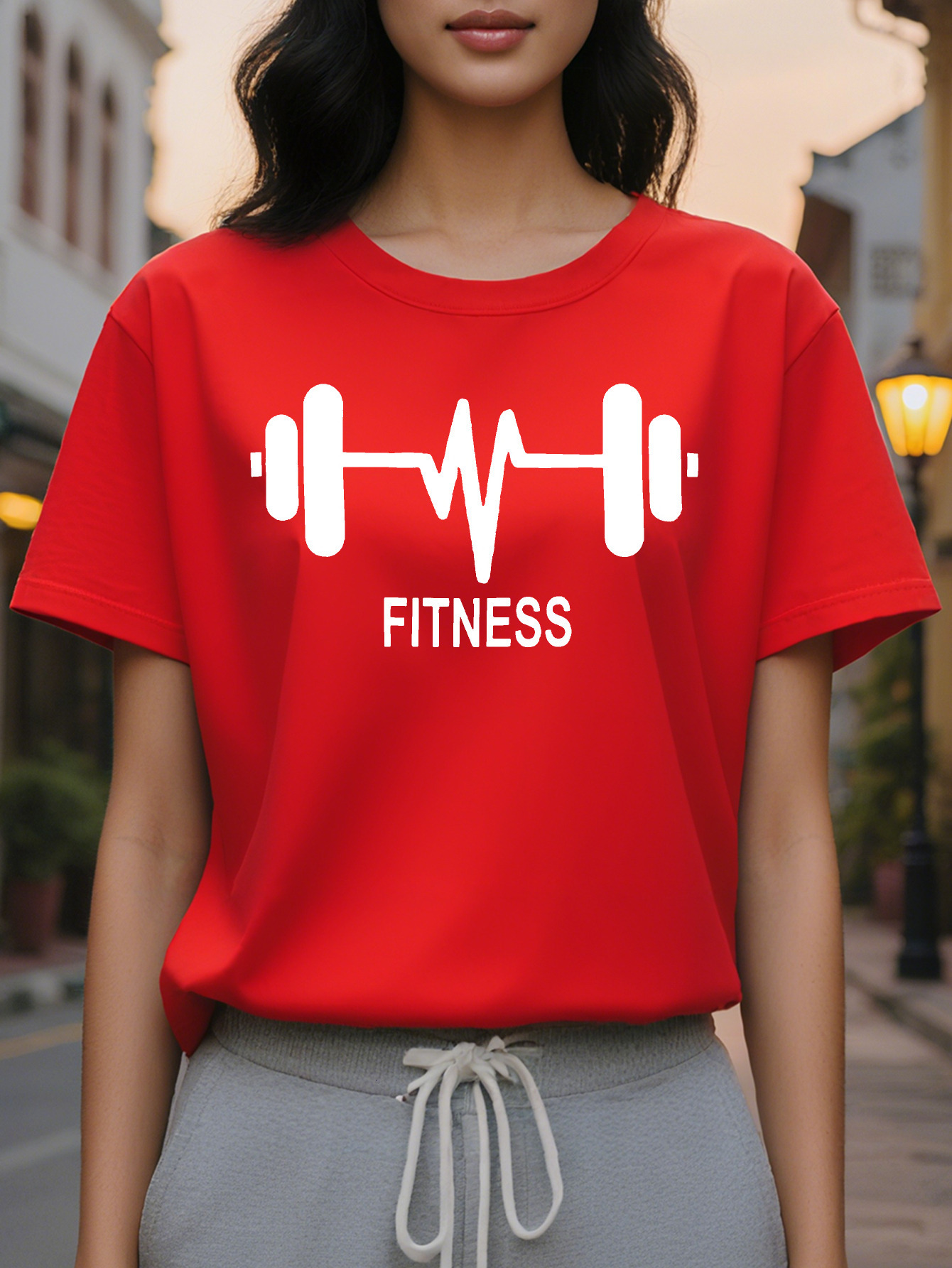 FINESS Women s Fiess Graphic T Shirt Cotton gsm Breathable Slim Fit Short Sleeve Top with Barbell Heartbeat