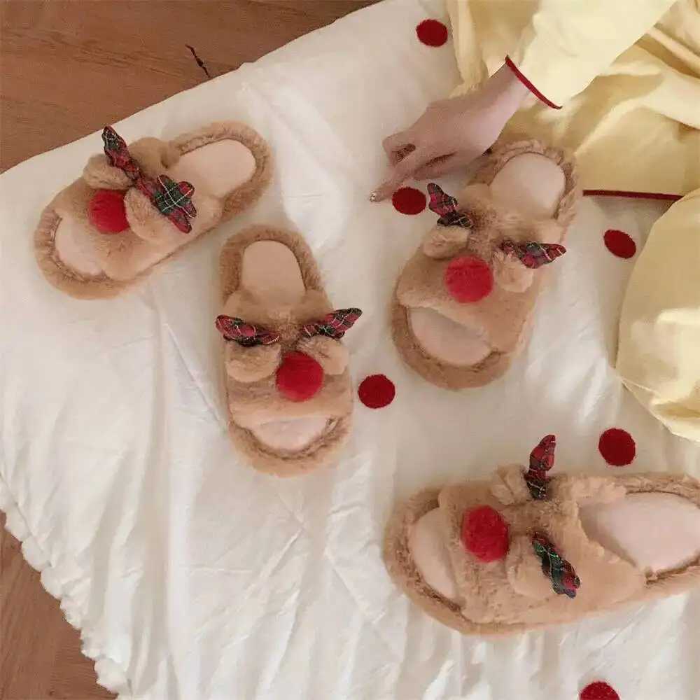 Christmas Reindeer Home Slippers For Men Women Winter Furry Warm Cozy Couple Indoor Household Cotton Slippers L250903BNC9