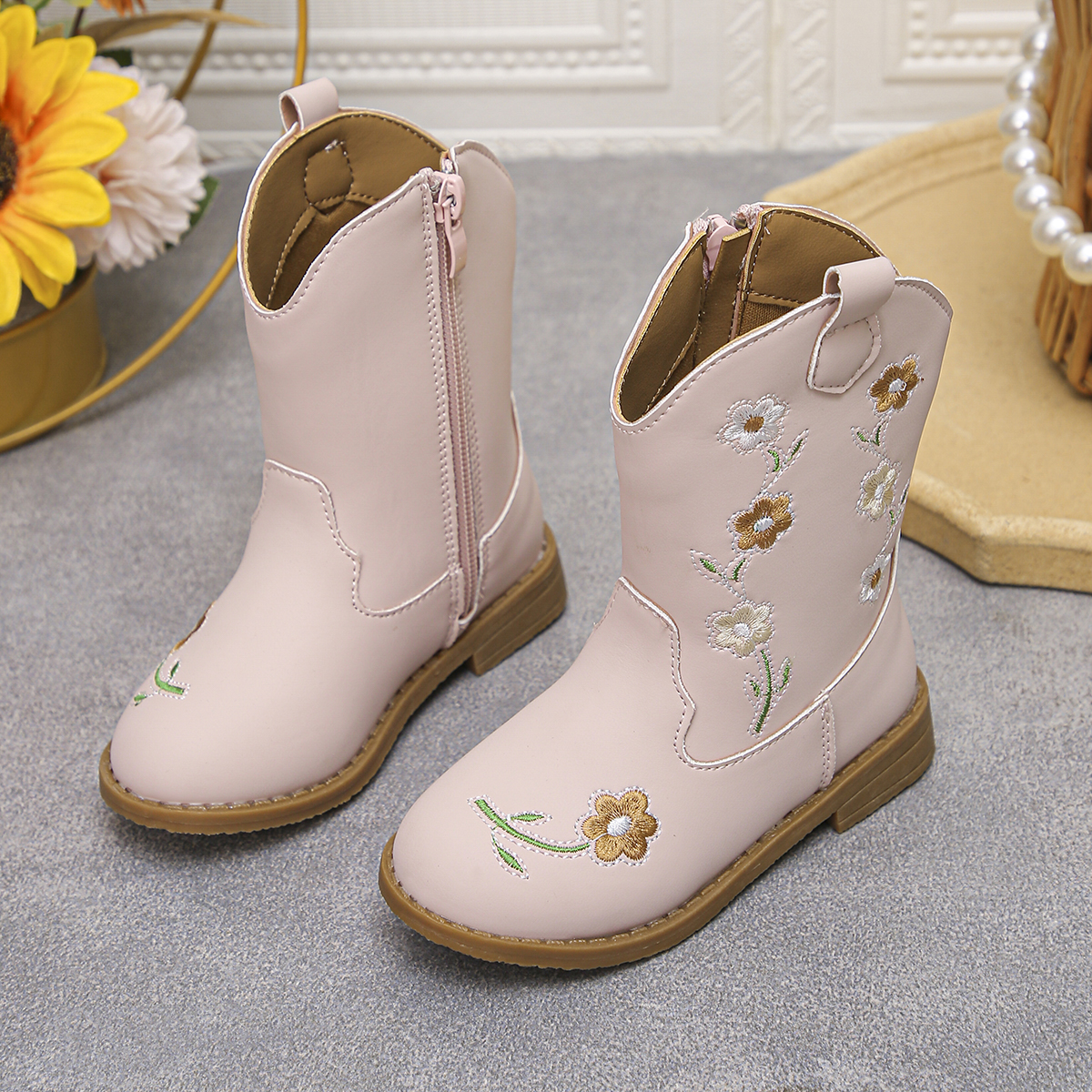 Floral Western Boots - New Style Round-Topped Thick-Heeled Unique Long Boot