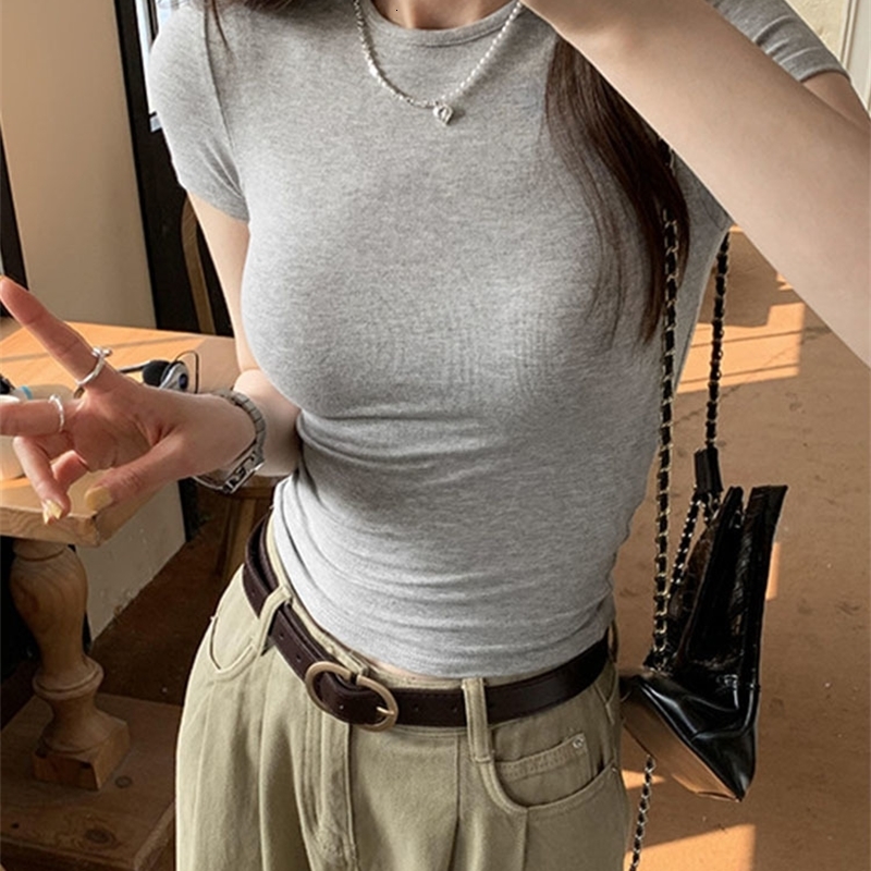 Basic Solid Crop Top Short Sleeve Crewneck Skinny Tshirt Summer Casual Tee for Women y2k Vintage Harajuku Streetwear w250903