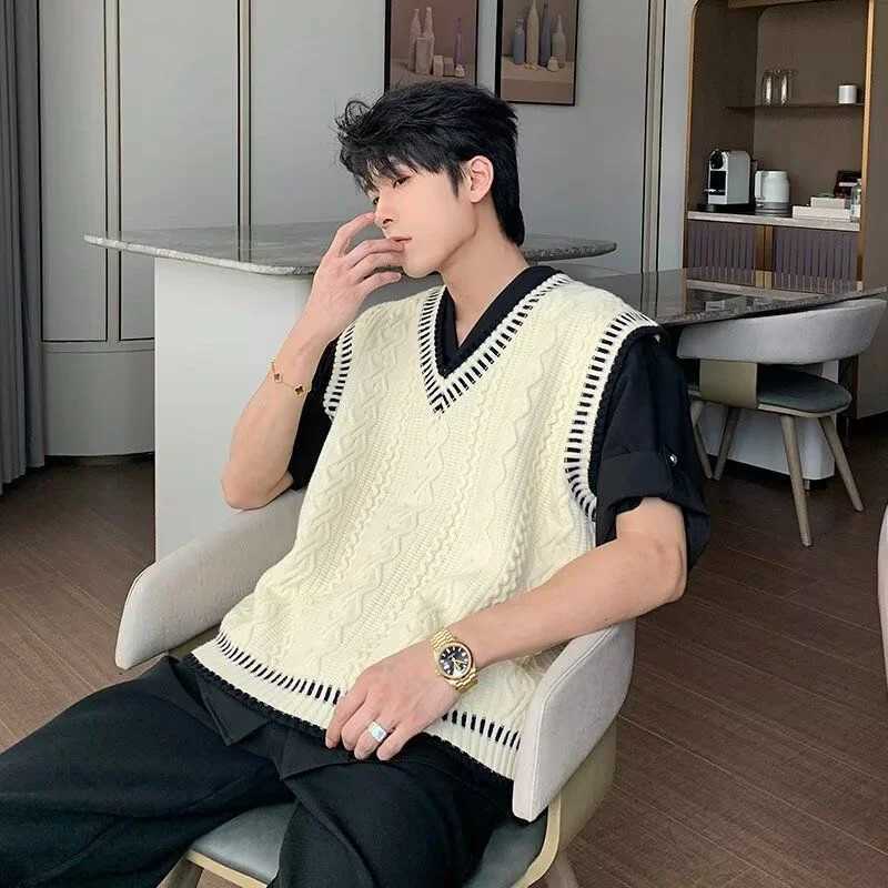 Spring and Autumn Academy Sweater Mens Casual Vneck Vest Sweater Korean Style Fashion Loose Candid TopXJ250904