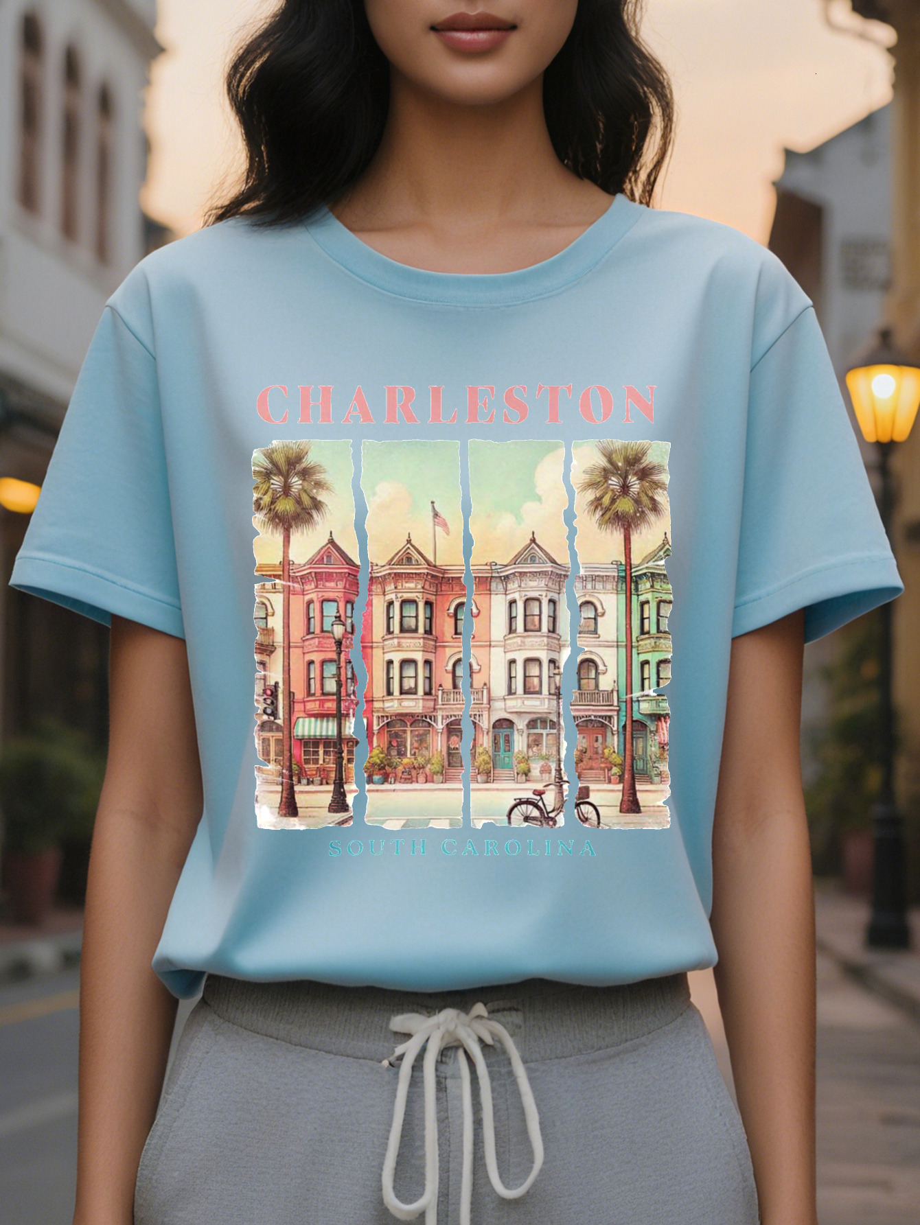 Women's Charleston T-shirt Soft Pink Green Historical Building Pattern Short Sleeve Jacket Southern Charm Casual Round