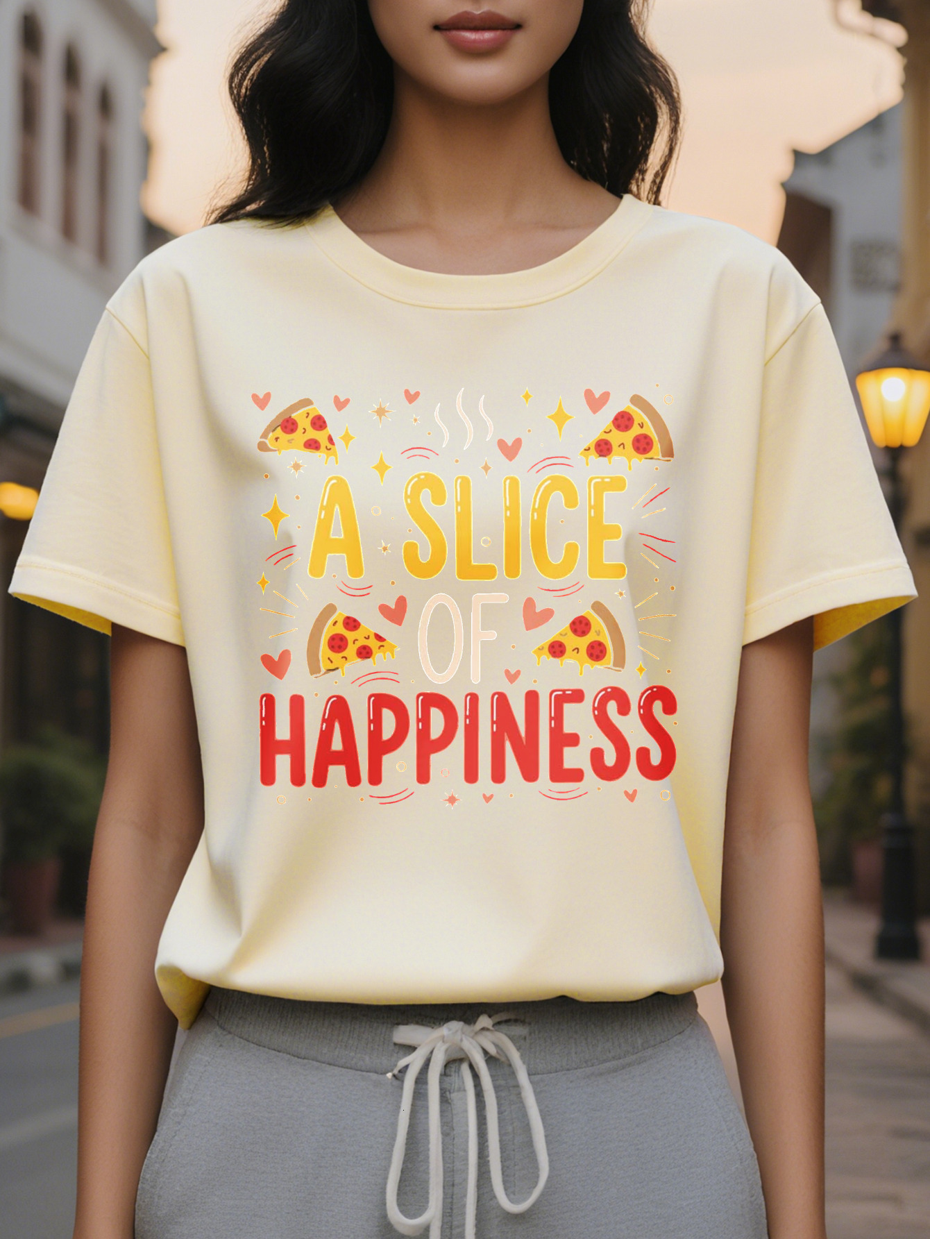 Women's Fun Pizza Lover T-shirt One pattern with pepperoni cheese casual round neck short sleeve summer top party
