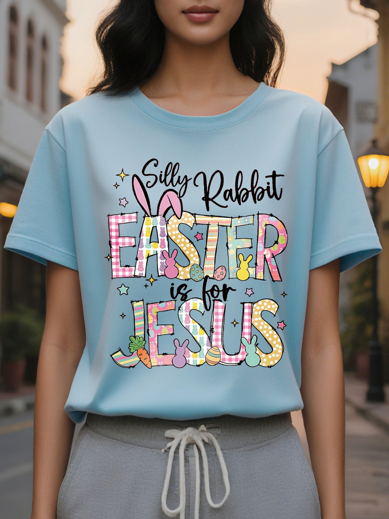 Large XL Silly Is Jesus Happy Easter Bunny Christian Graphic Print Fashion Casual Short Sleeve Spring Summer Fit Crew Plus Size