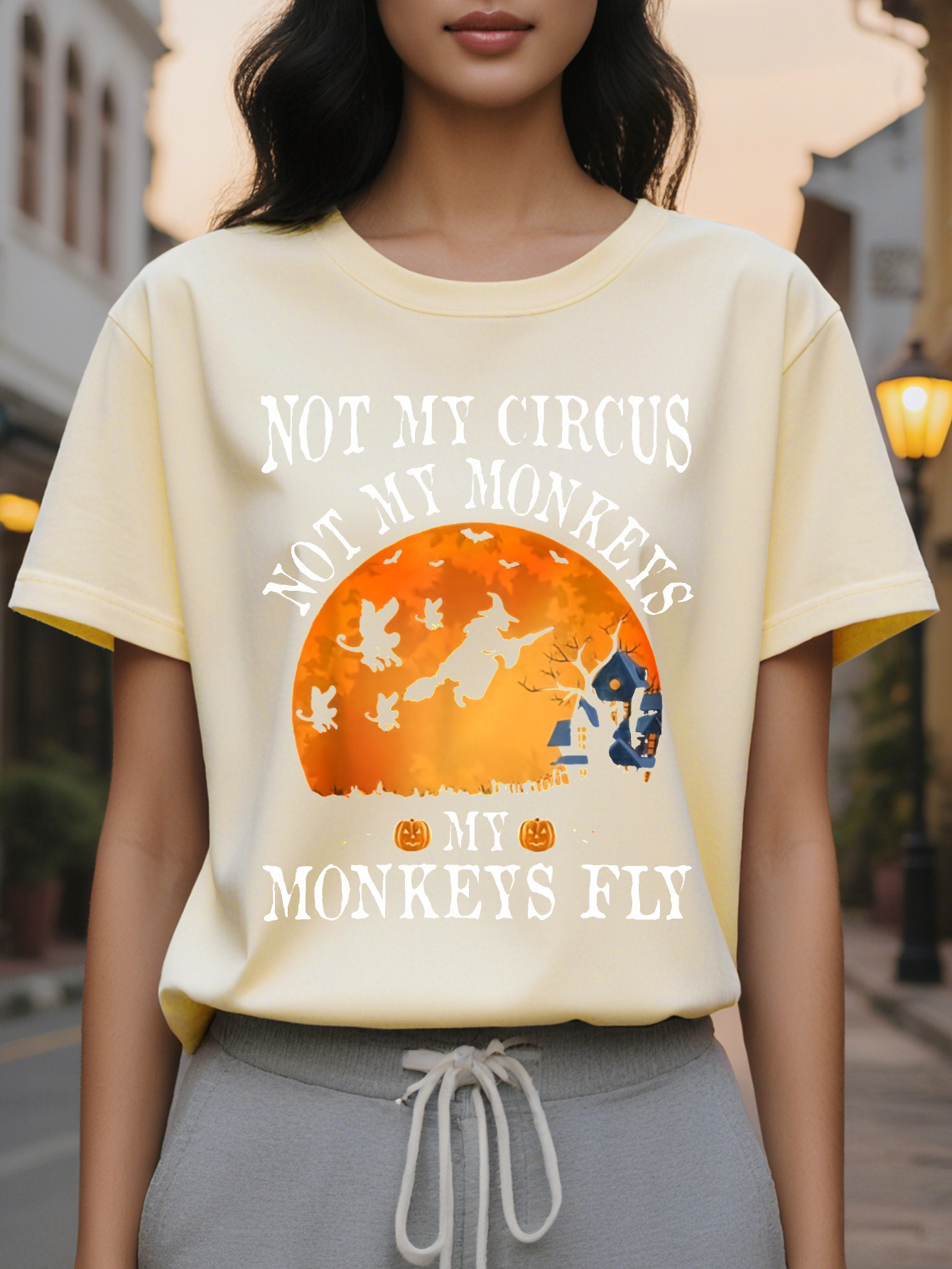 Ladies Halloween T Shirt Not My Circus Witch and Bat Casual Round Neck Top Washable Spring Fall Party Dress Up