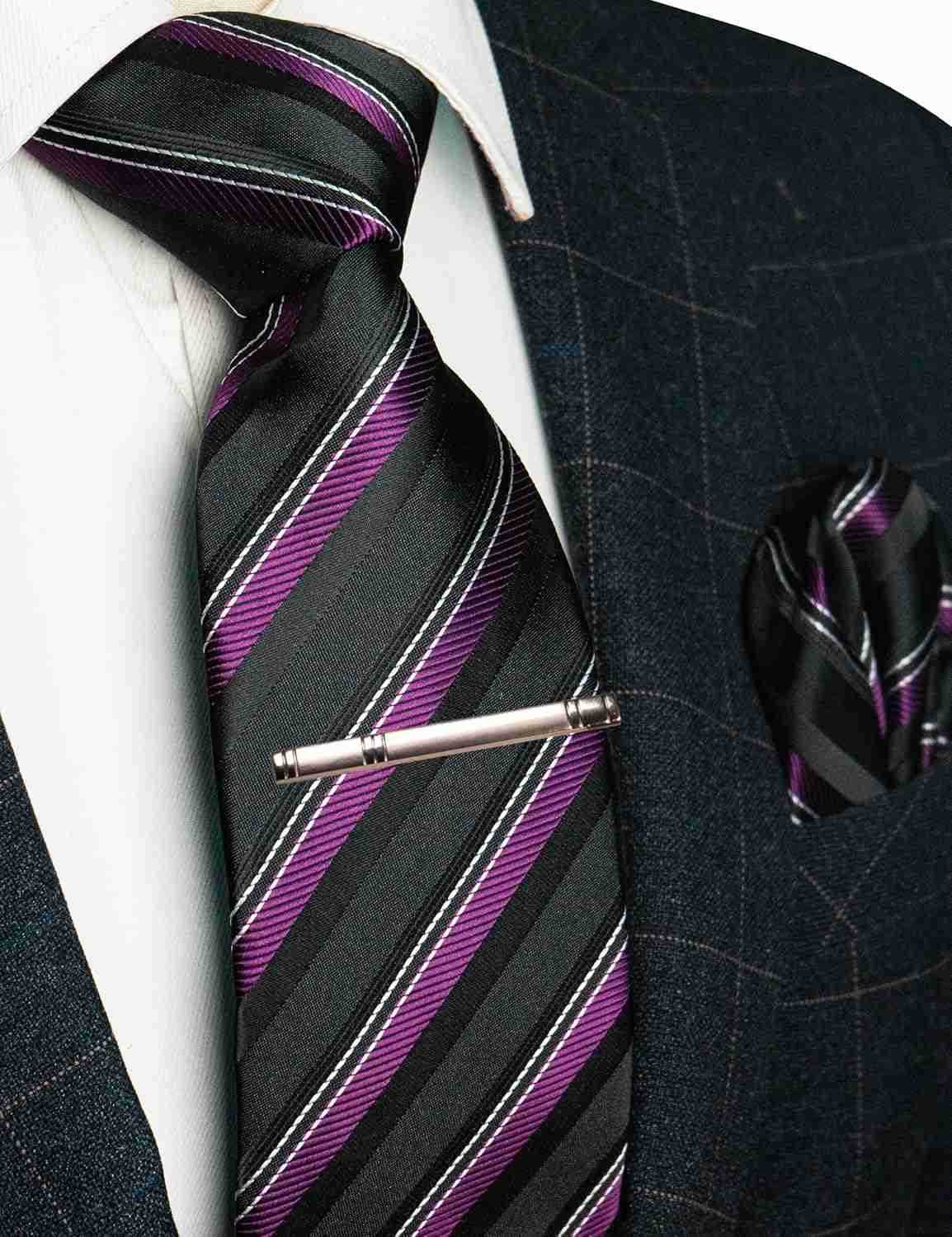 Silk Stripe Plaid Tie and Pocket Square with Tie Clip Sets for MenW250903