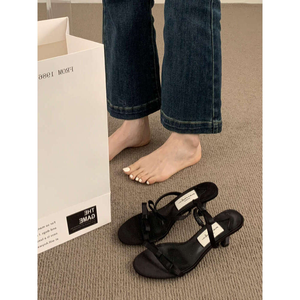 French Fairy Style Designer Shoe Bowknot Black High Heels Women's Stiletto Open Toe Strap Stunning Sandals