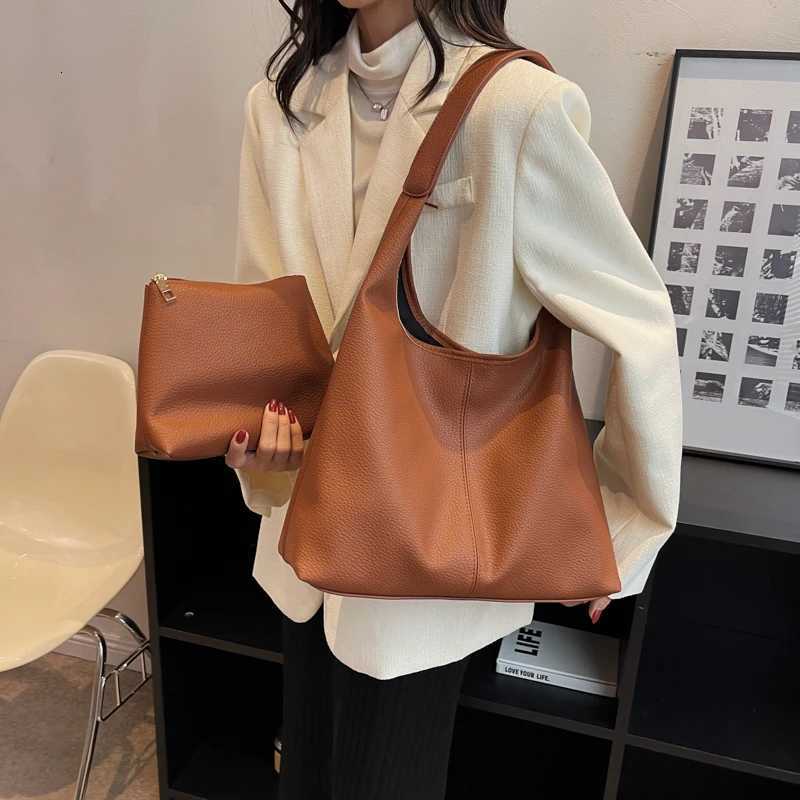 Simple Fashion Single Shoulder Tote Bag Set For Women Soft Leather Pure Color 2In1 Large Capacity Shopper Tote Handbags Female Z250903