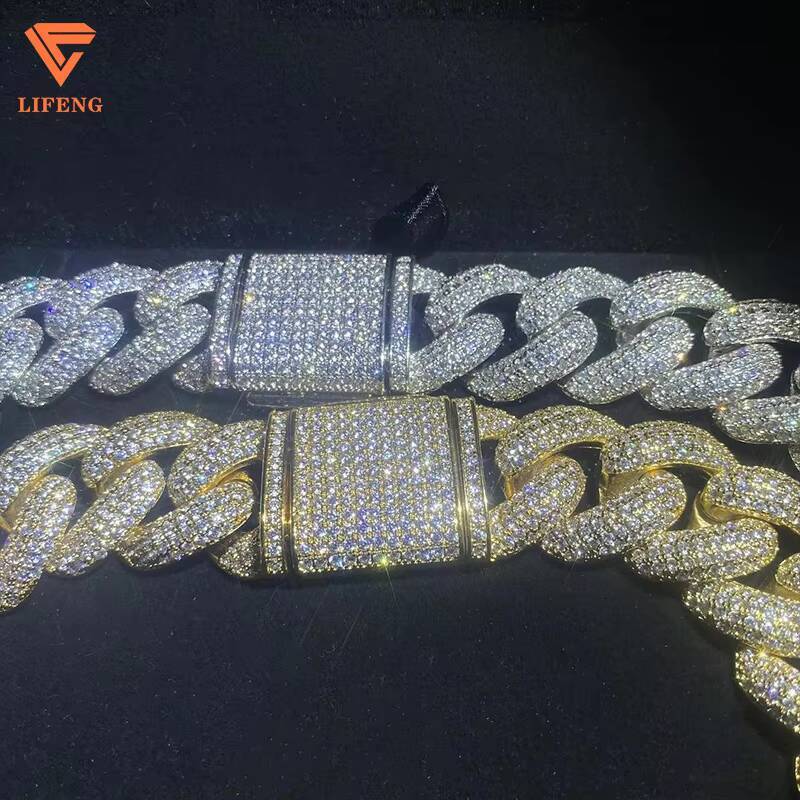 Custom 20mm 5Rows 925 Sterling Silver Gold Plated Cuban Link Chain Mens Full Iced Hip Hop Diamond Moissanite Fine Necklaces