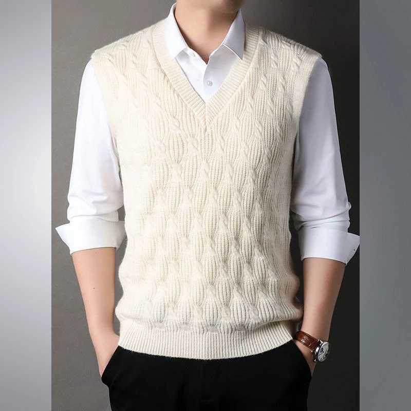 V Neck Warm Sweater Man Solid Color Knit Vests for Men Thick Waistcoat Top Open Smooth Korean Style Knitwear Woven High QualityXJ250904