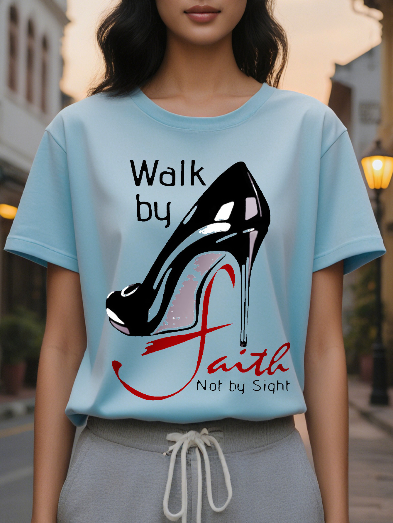 Large XL Walk by Faith Graphic Tee Soft Mid Elasticity Cotton Crew Neck Short Sleeve Top SpringSummer Regular Length hine Plus Size