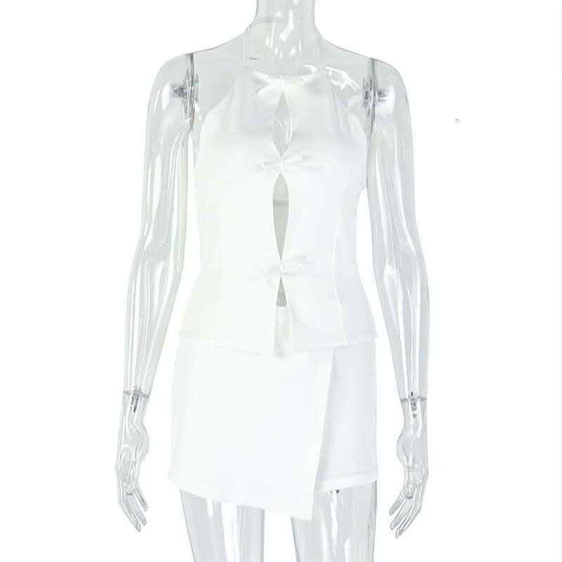 European and American Style Cross-Border Elegant Women's Fashion New Summer Solid Color Hollow Out Ruched Bodycon Skirt Two-Piece Set for Women P