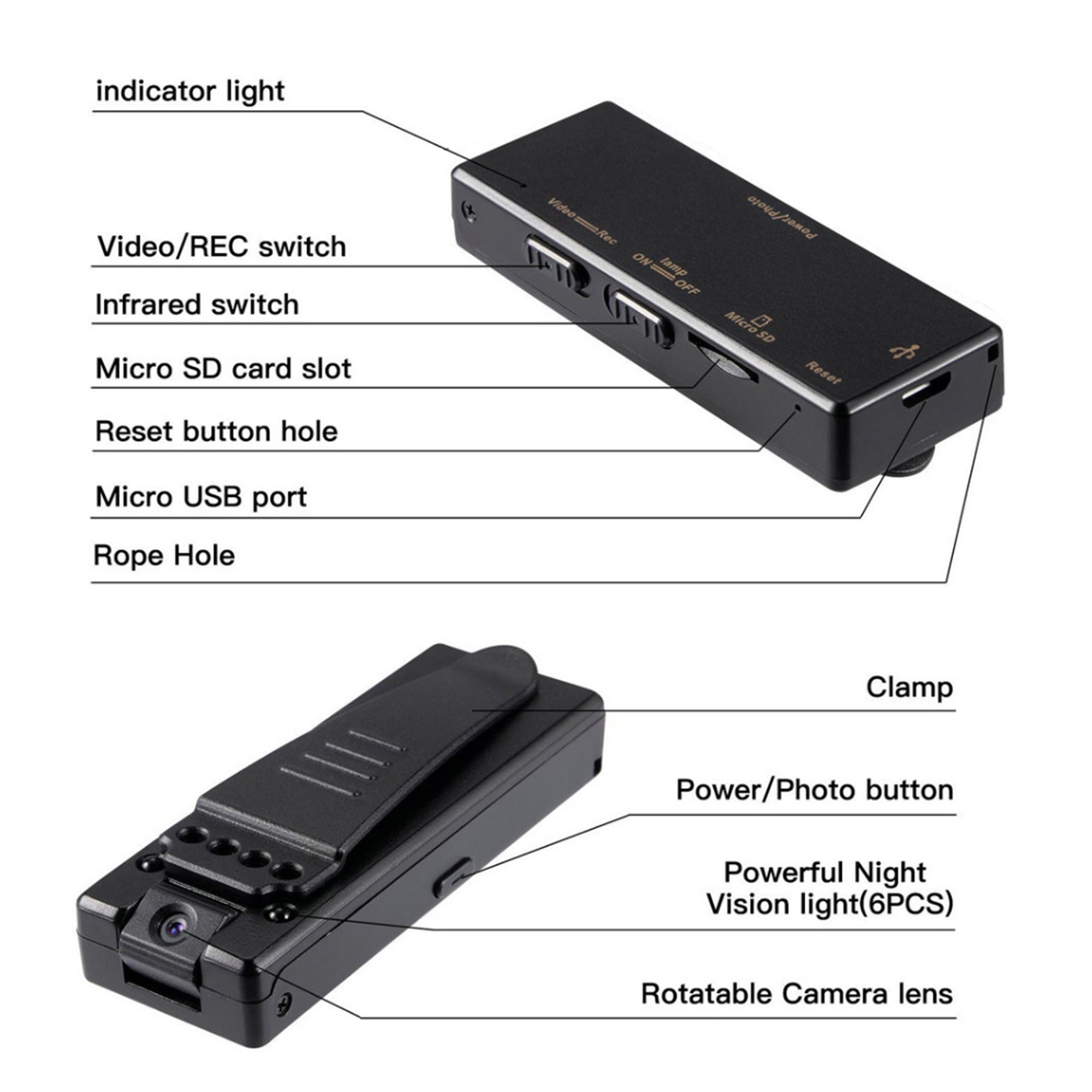 1080P Body Camera with Back Clip, Sports Camera with Audio and Video Recording, Wide Angle Lens and Portable Night Vision Video Recorder, 90° Rotation
