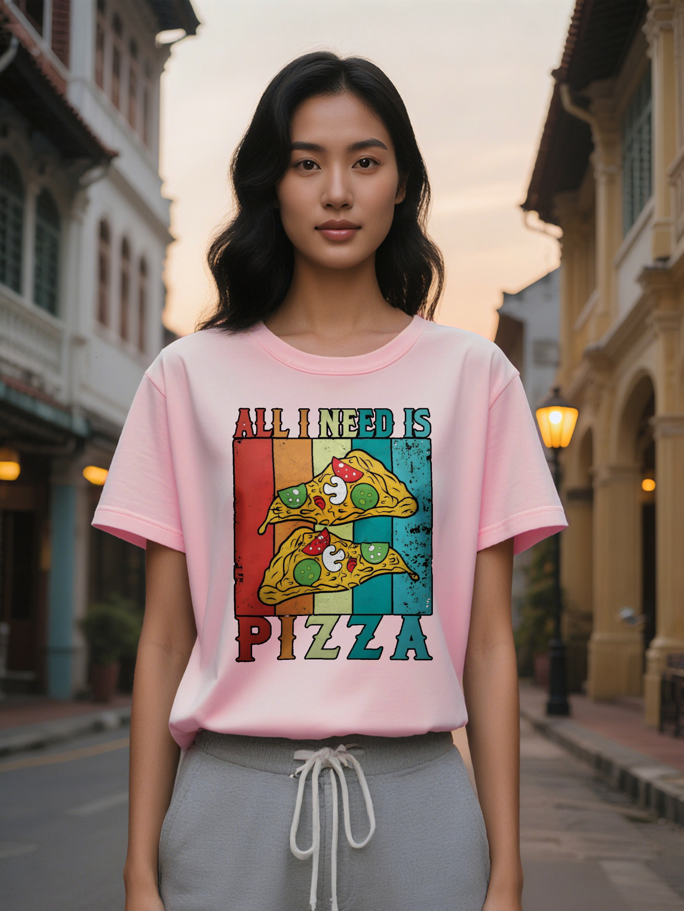 Lady Casual Crew Neck T-Shirt with All I Need Is Fun Pizza Themed Design Black Summer Essential Hine Washable