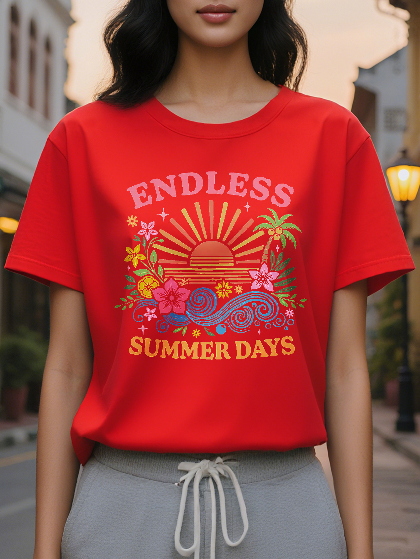 Women's Short Sleeve T-Shirt White Beach Vacation Top Tropical Floral Pattern Medium Stretch Turtleneck Suitable for