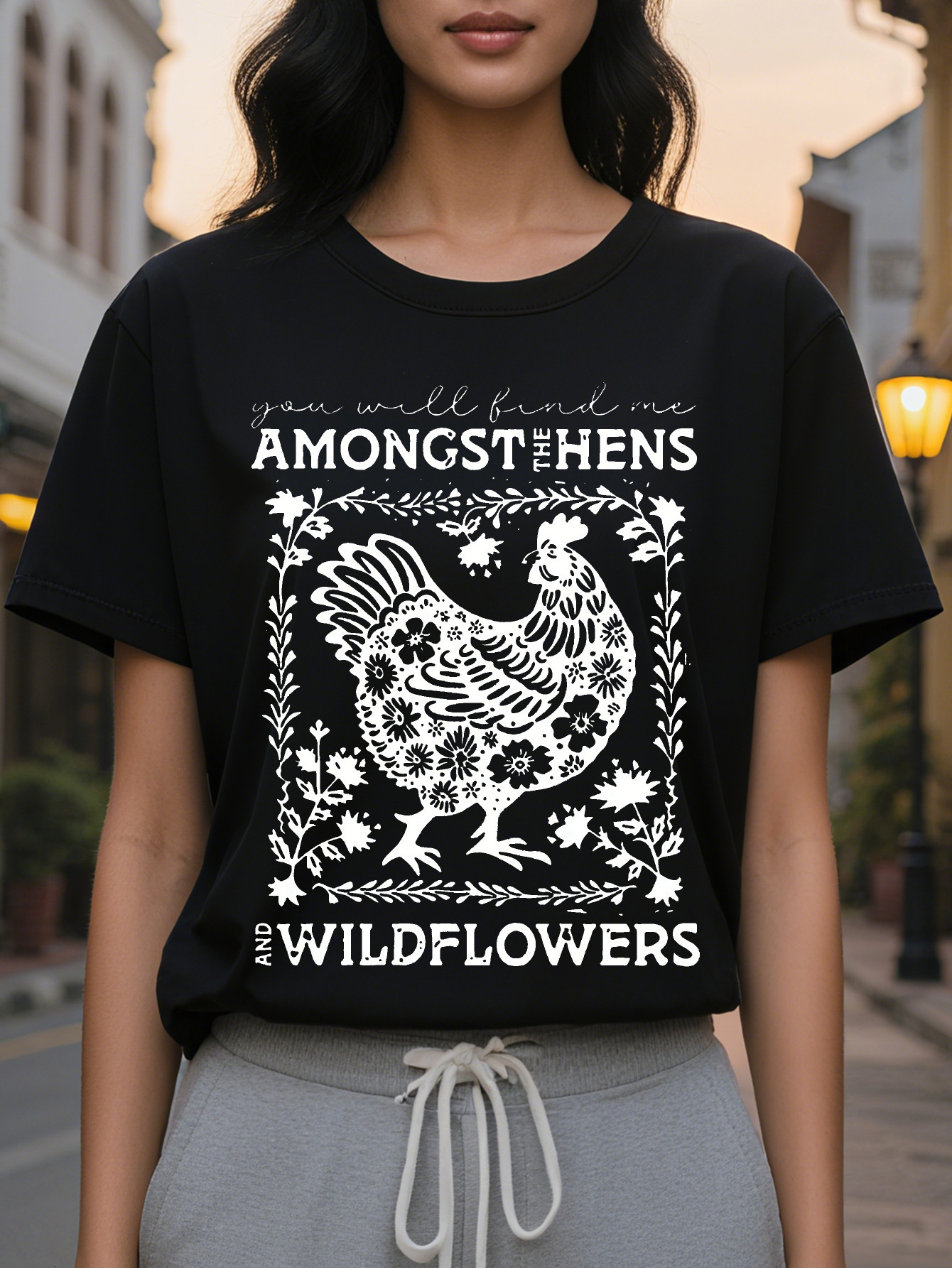 Large XL Women s Casual Crew Neck T Shirt With Hen And Wildflower Print Material Cotton Rayon Plus Size