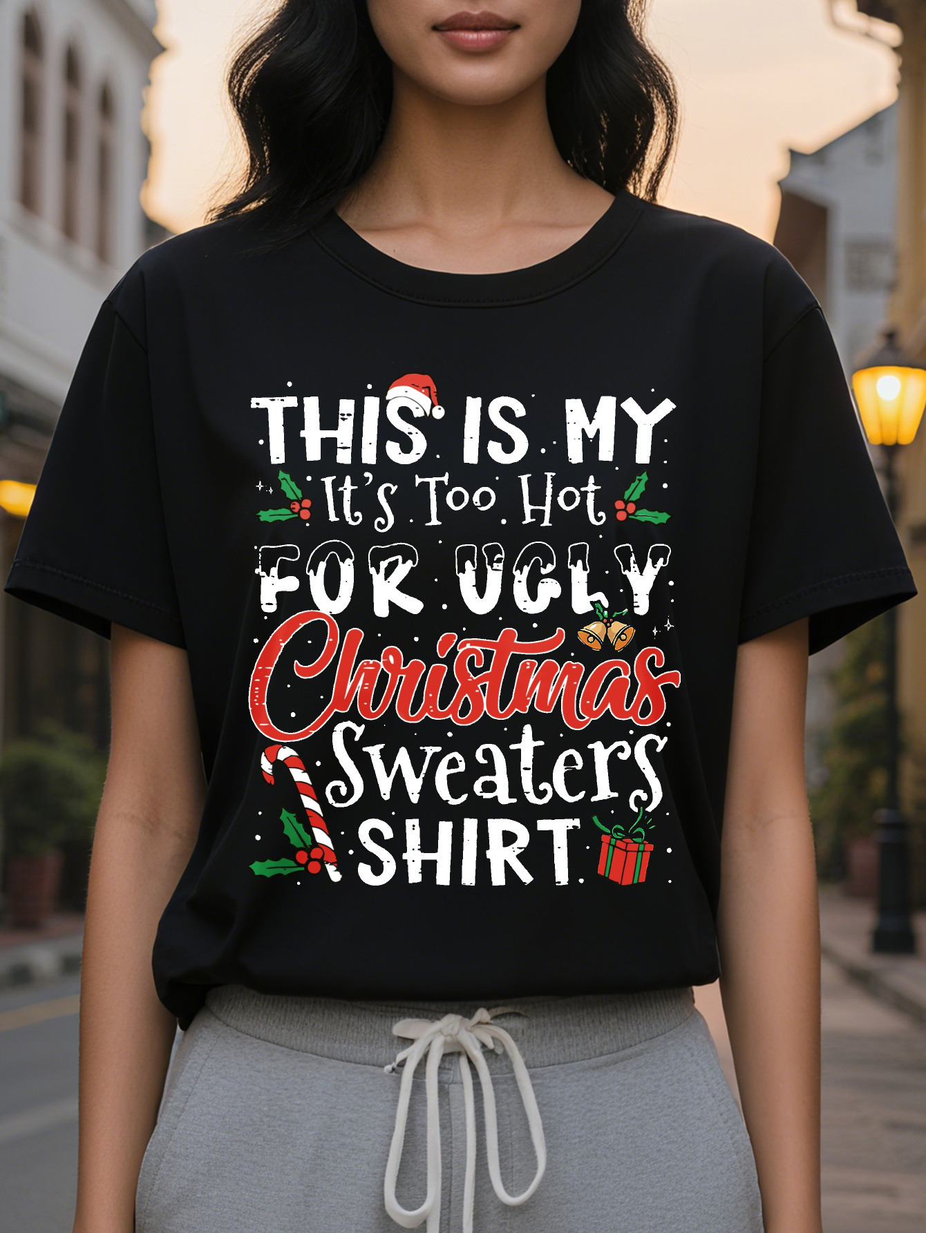Christmas Tee Print Crew Neck T-shirt Casual Short Sleeve Top for Women Spring Summer Clothing