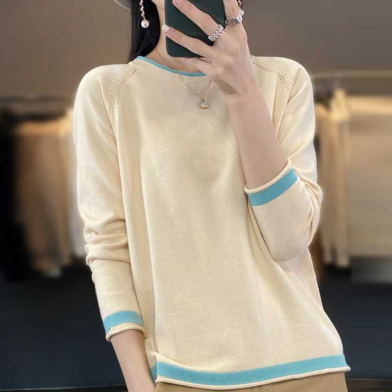 100 Cotton Knitwear Womens Round Neck Sweater Spring And Summer New Loose Color Matching Cotton And Linen Bottoming Shirt M250904