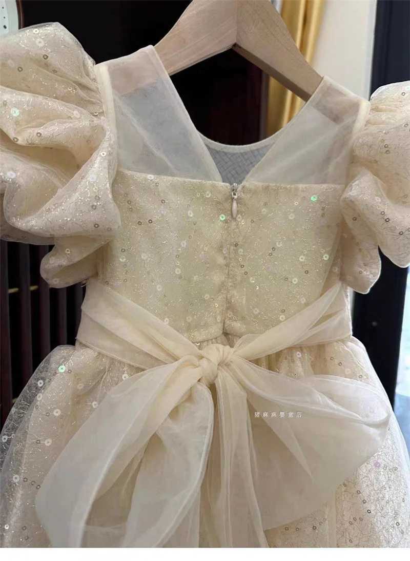 Girls Princess Long Dress Fashion Bow Sequin Puff Sleeve Tutu High End Formal Party Gown Ball New Style Children Evening Dress Z250904