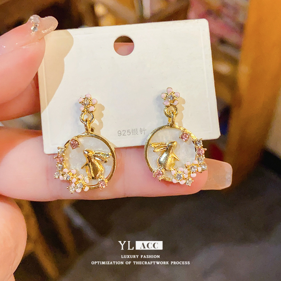 Gold Tone Fairy & Rabbit Drop Earrings With Pink Crystal Detail Cute Whimsical Style Daily Wear Gift For Her 925 Silver Needle Jewelry