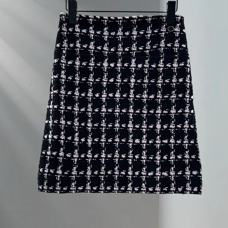 Luxury Retro Ladies Black Tweed Mini Skirt Trendy Classic High Waist A-Line Bodycon Style Skirt Party Elegant Chic Luxury Clothing S0911