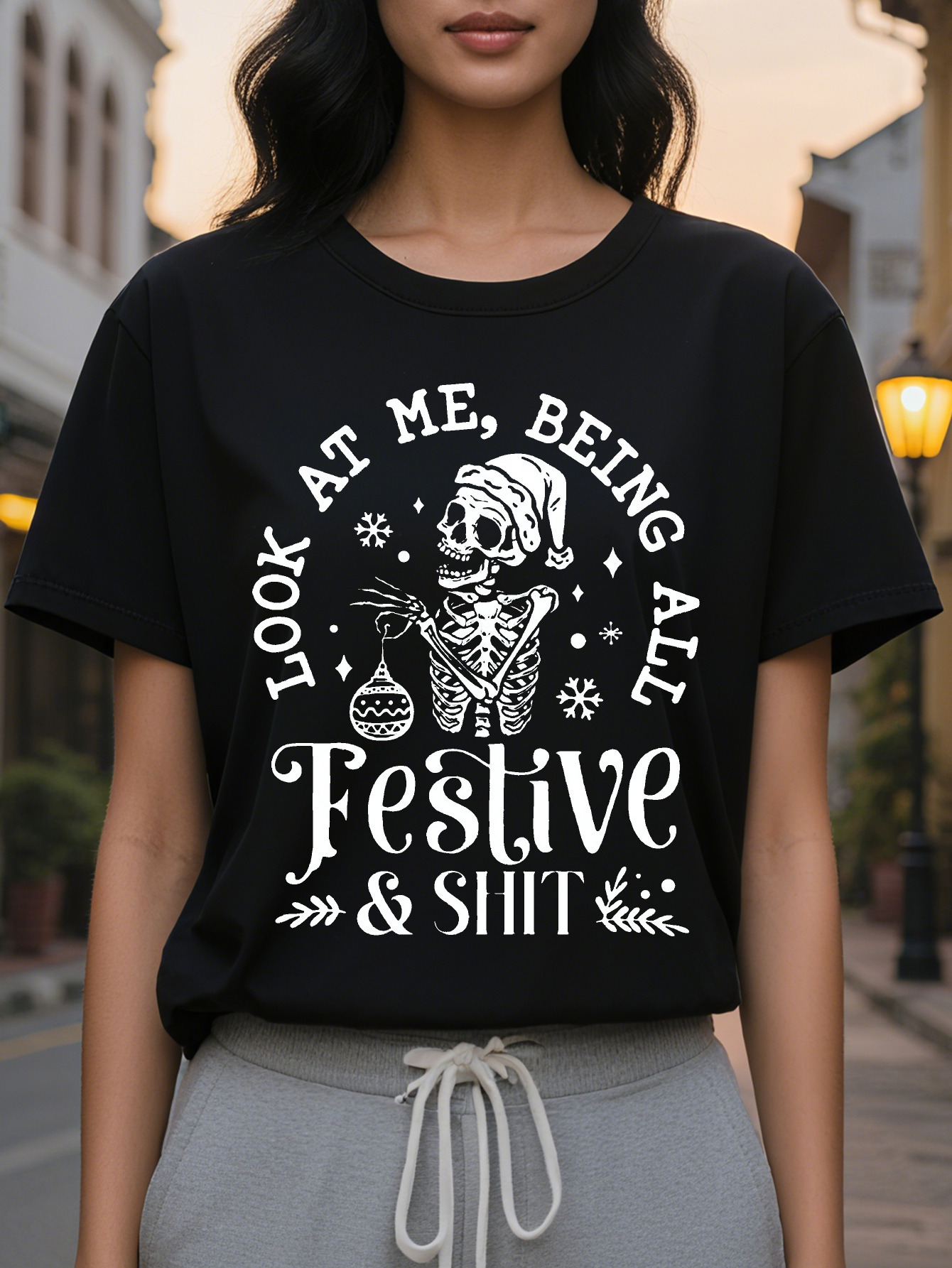 Women s Graphic T Shirt Look at Me Being All Shit Slogan with Skeleton Santa Vibrant Green Casual Round Neck