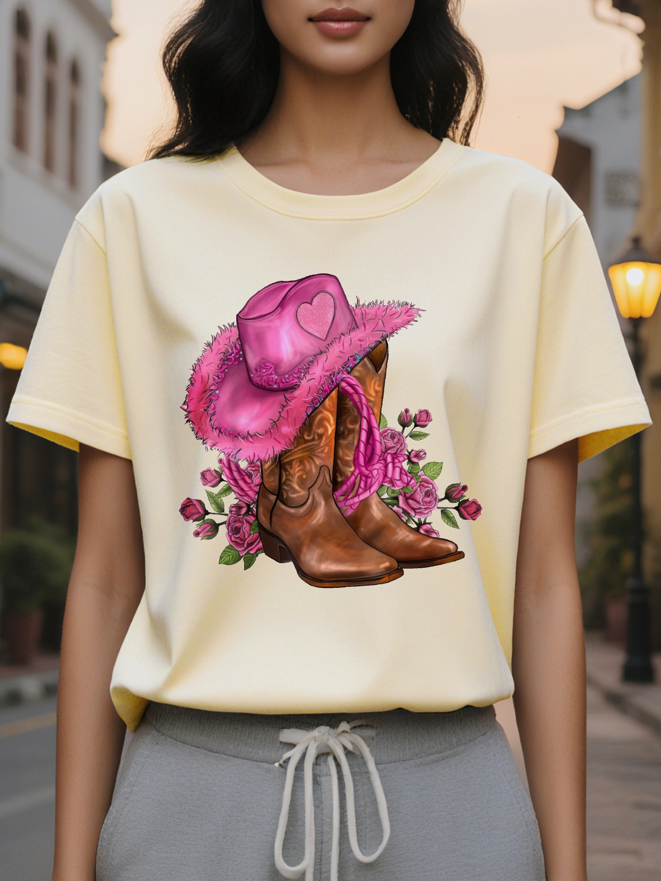Cowboy and floral print round neck T-shirt, casual short sleeve summer top for women's clothing
