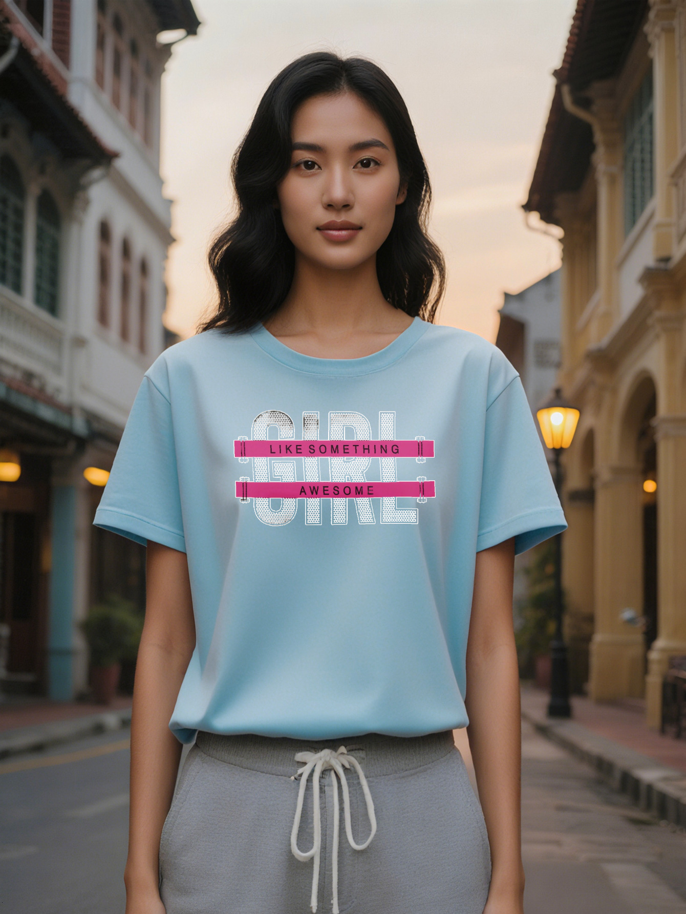 Large XL Lady Graphic T-Shirt Girl Bold Letter Print with Pink Accents Black Round Neck Summer Tee Regular Fit Washable Plus Size