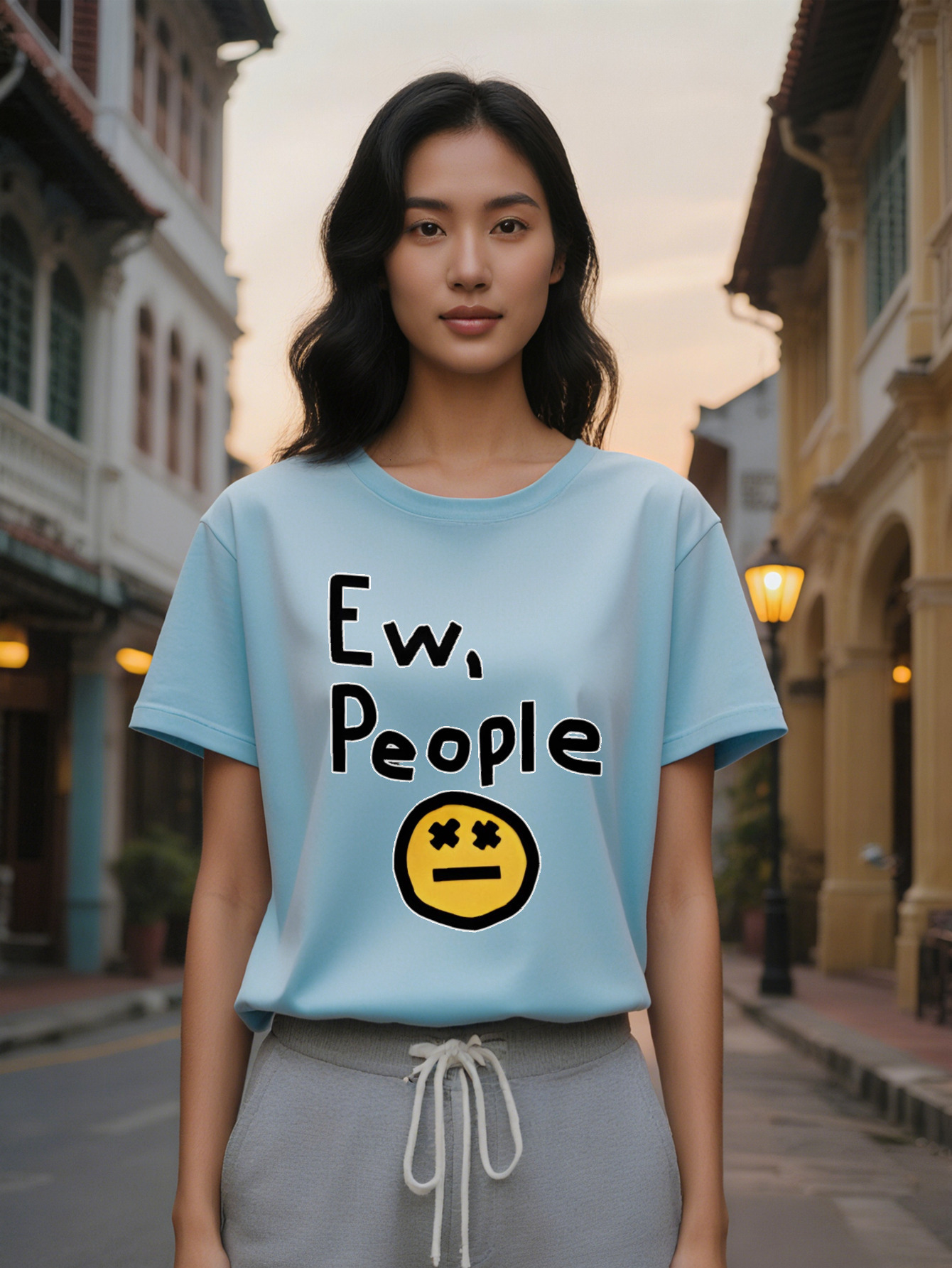 Large XL Lady Casual Graphic Print T-Shirt Ew People Text Yellow Joyful Face Design with Lines Black Round Neck Summer Tee Plus Size