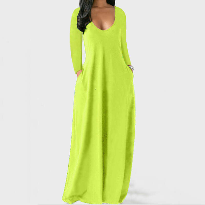 European and American Summer Cross-Border Trade New Plus Size Women's Solid Color Sexy Deep V Long Sleeve Dress