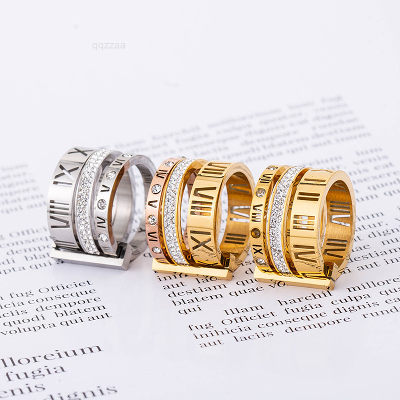 European Style Trends Retro Exaggeration Stainless Steel Ladies Stone Rome Digital Plated 18K Gold Jewelry Rings Design