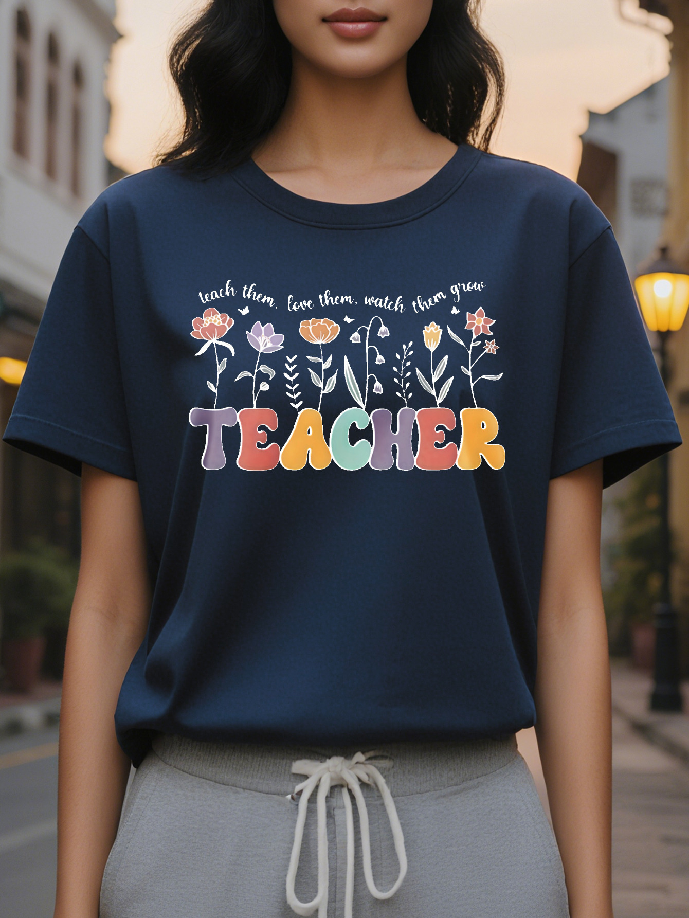 Women's TEACHER pattern T-shirt Distinctive short sleeved round neck casual top for spring and summer season black with