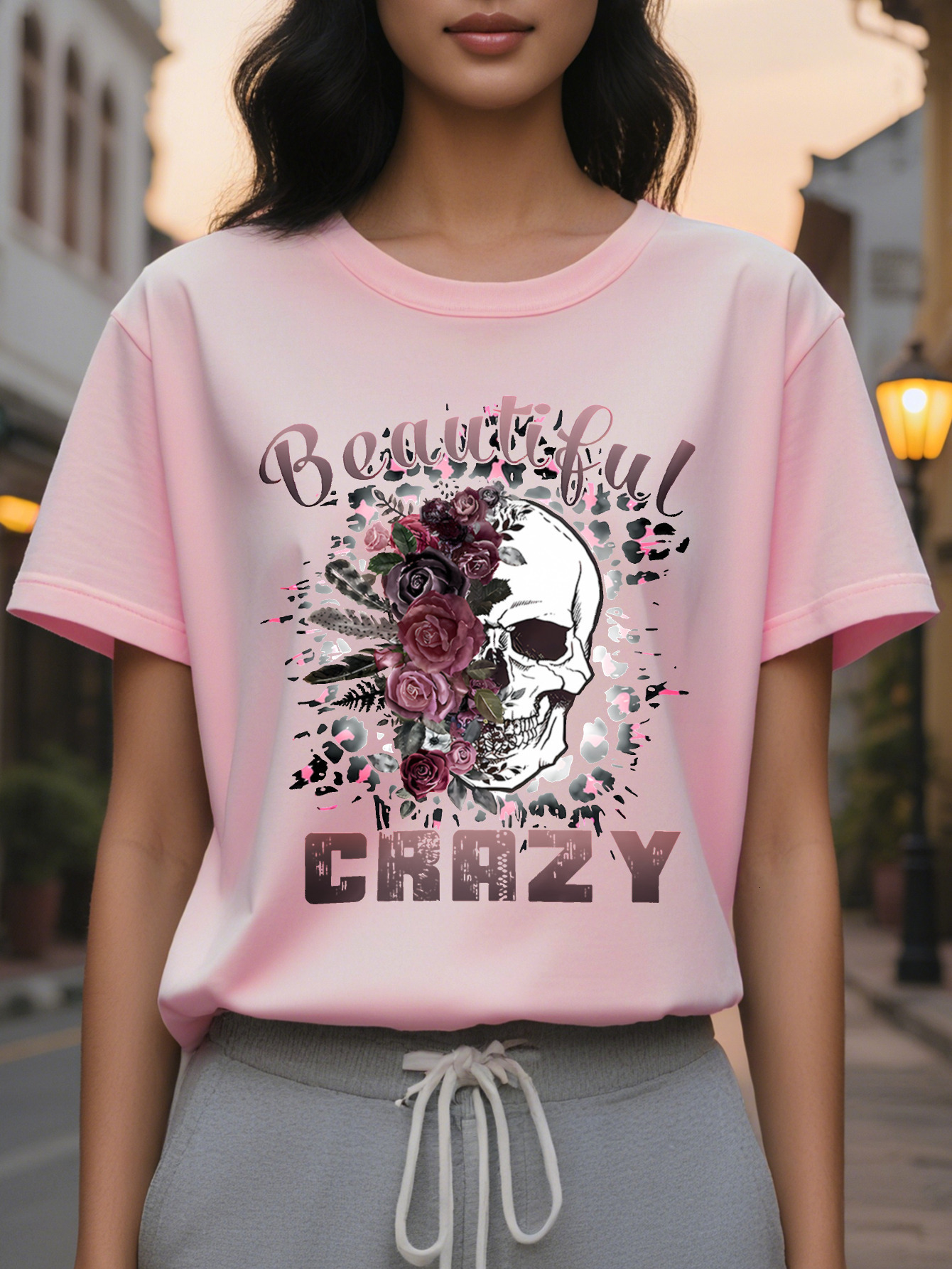 Beautiful Crazy Ladies T-Shirt Black Skull Pink Letter Printing Spring and Summer Casual Loose Short Sleeve Round Neck