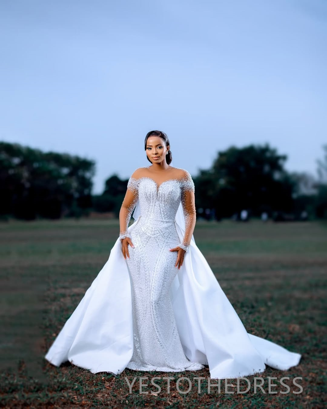 2025 Plus Size Wedding Dress Bridal Gowns For Bride Detachable Train Mermaid Wedding Gowns Sheer Neck Illusion Long Sleeves Pearls Beaded Lace Bridal 