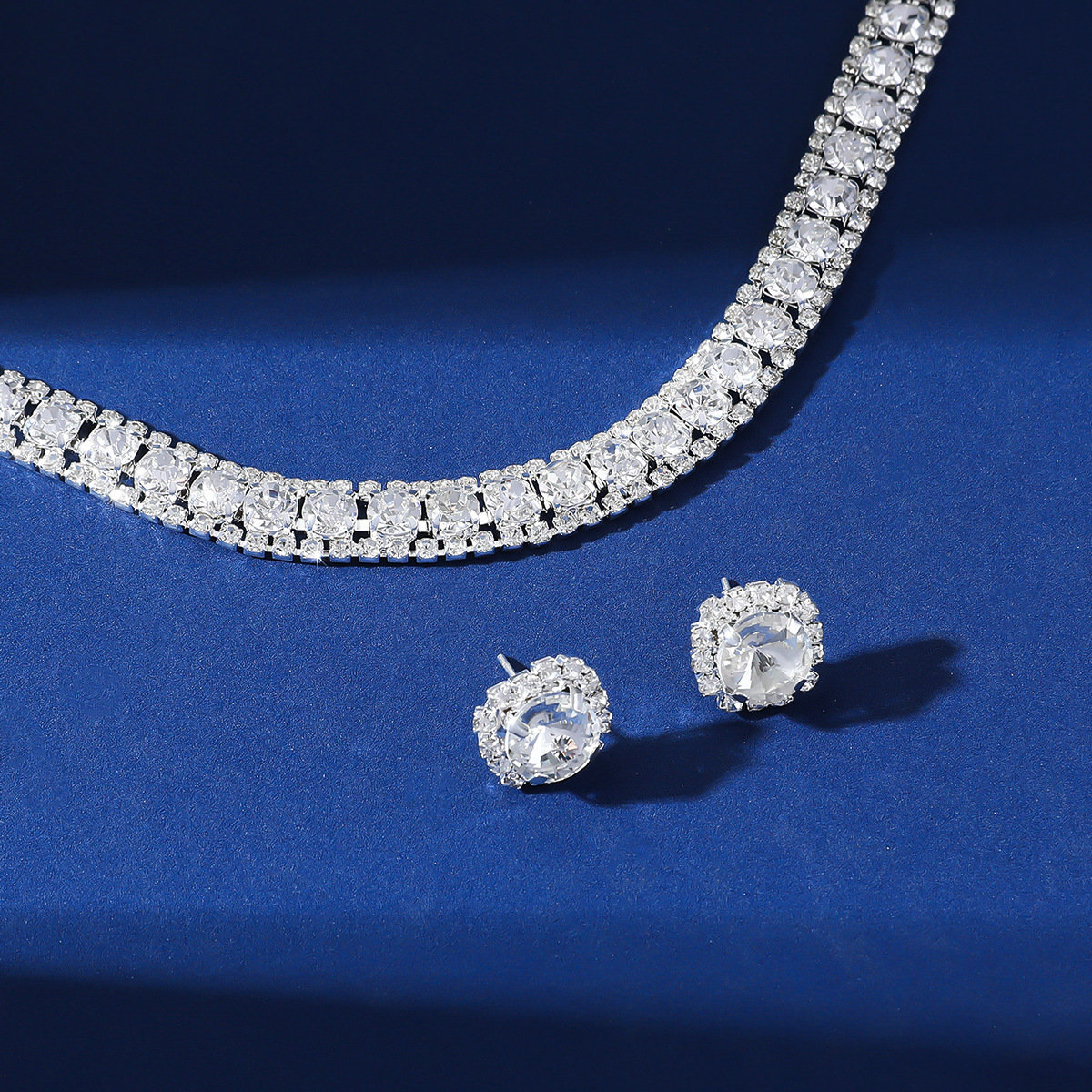 Luxury Necklace Earrings Sets Green Crystal Necklace Women Weddings Bride Jewelry Accessories Pop green blue diamond necklace earring 2 piece set Desi