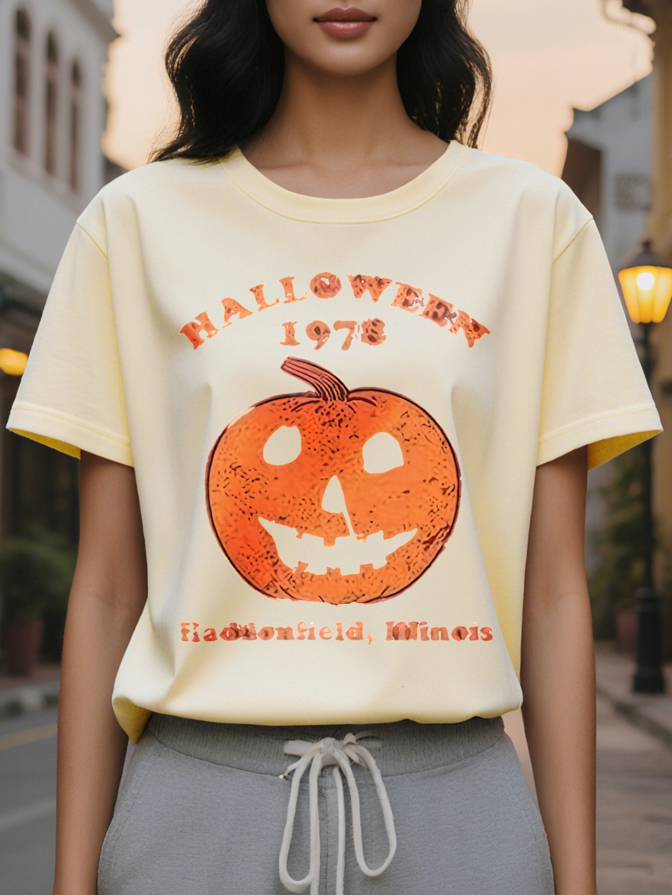 Large XL Women's Retro T-Shirt Round Neck Short Sleeve with Jack O Lantern Graphic Print Comfort Themed Parties Casual Plus Size