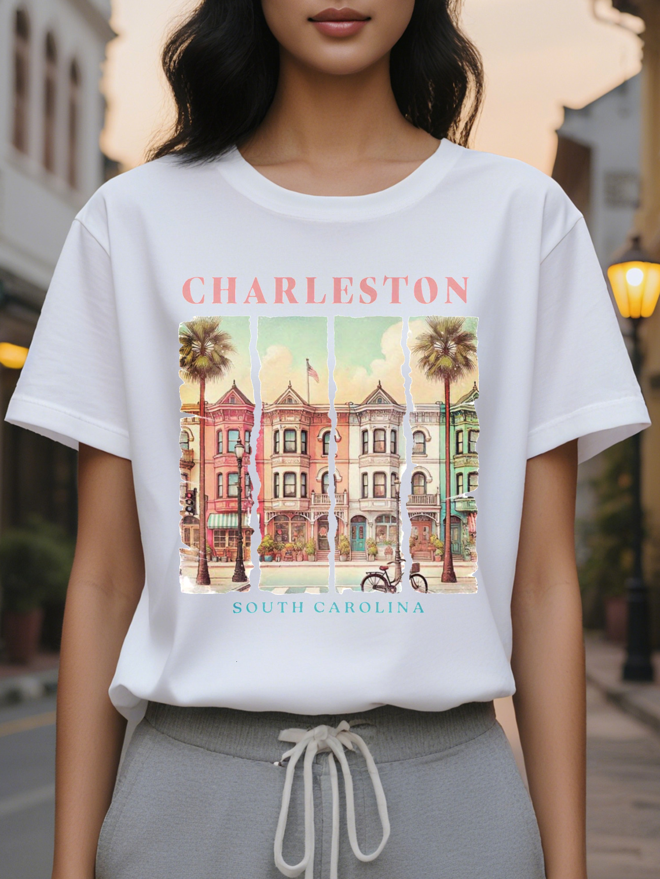Women's Charleston T-shirt Soft Pink Green Historical Building Pattern Short Sleeve Jacket Southern Charm Casual Round