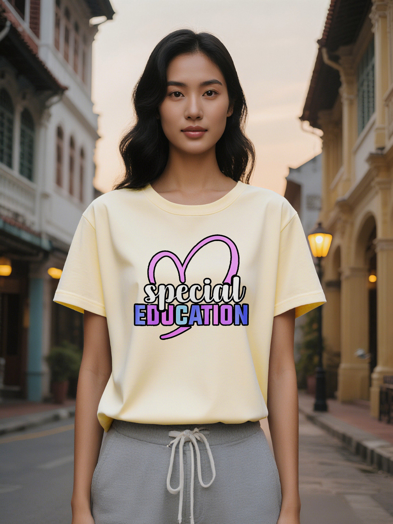 Lady Casual Short Sleeve T-Shirt Black with Heart Special Education Print Round Neck Summer Top Washable