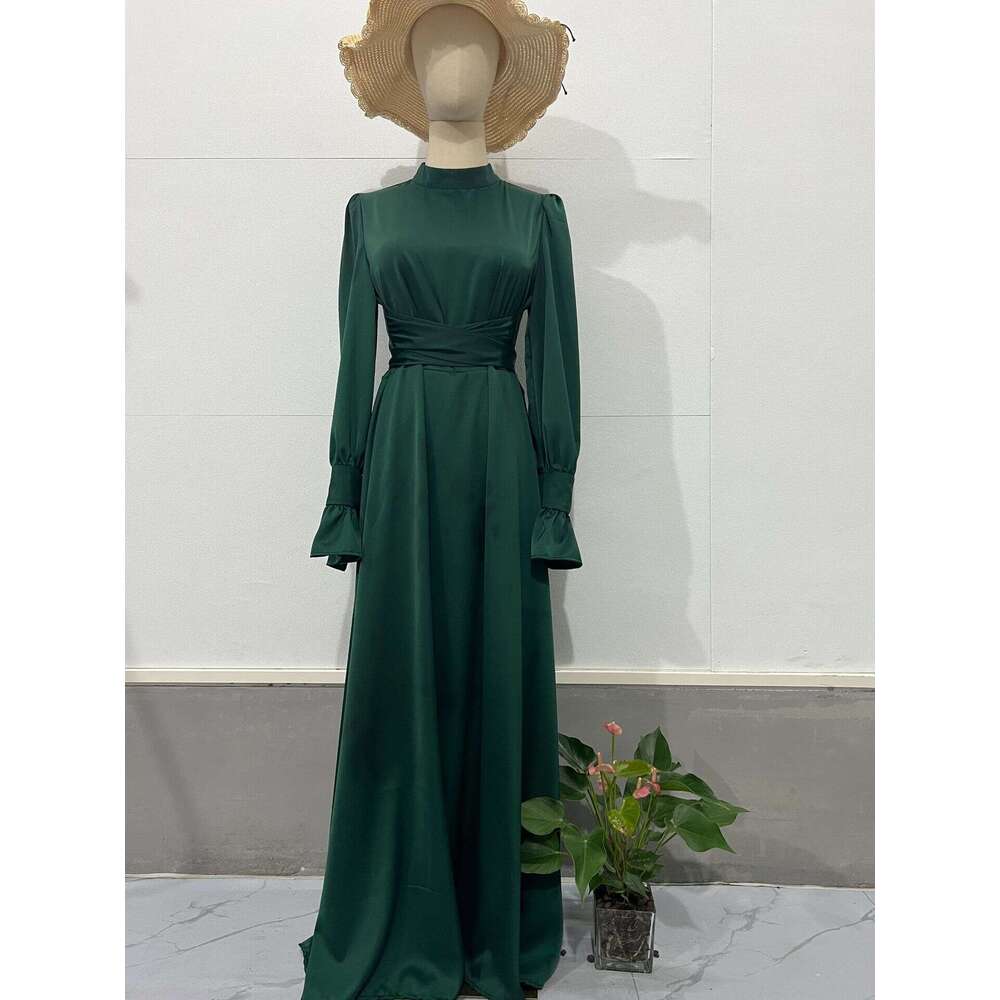 2024 Autumn New Long Waist Cinch Puff Sleeve Solid Color Fairy Style Dress