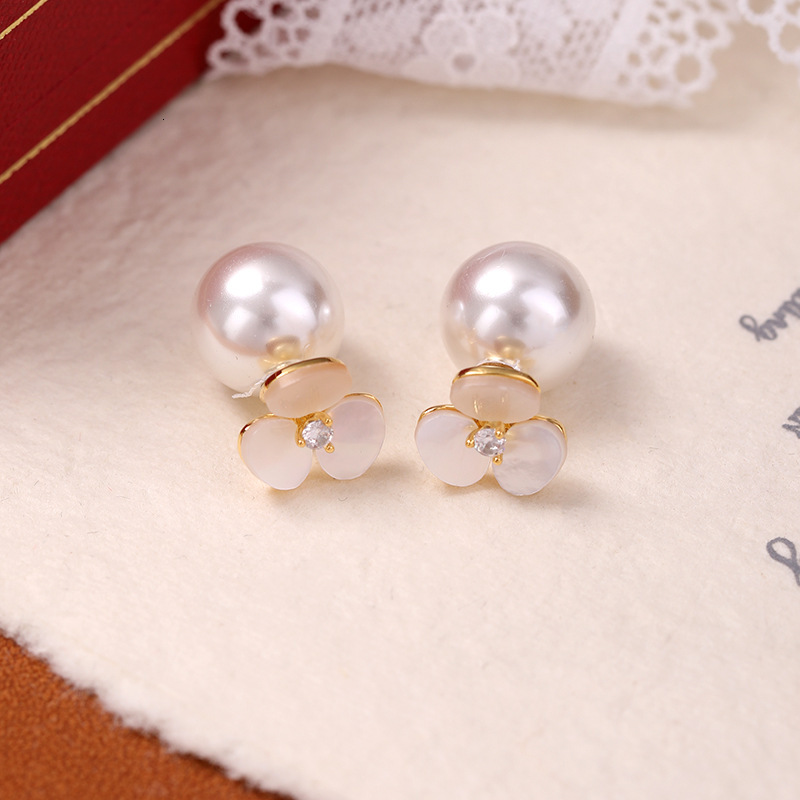 Two-Way Wear Shell Flower Zircon Pearl Sweet Light High-End Simple Niche Versatile Earrings for Women