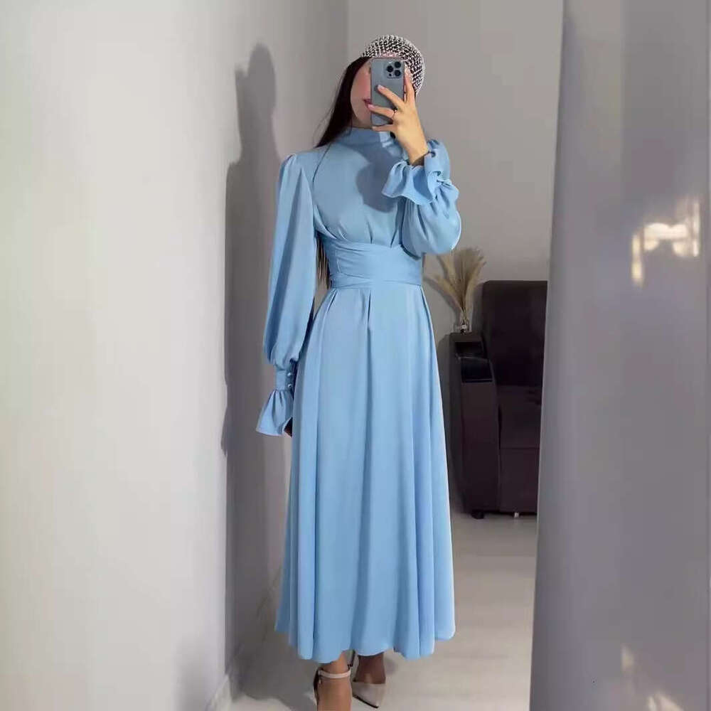 2024 Autumn New Long Waist Cinch Puff Sleeve Solid Color Fairy Style Dress