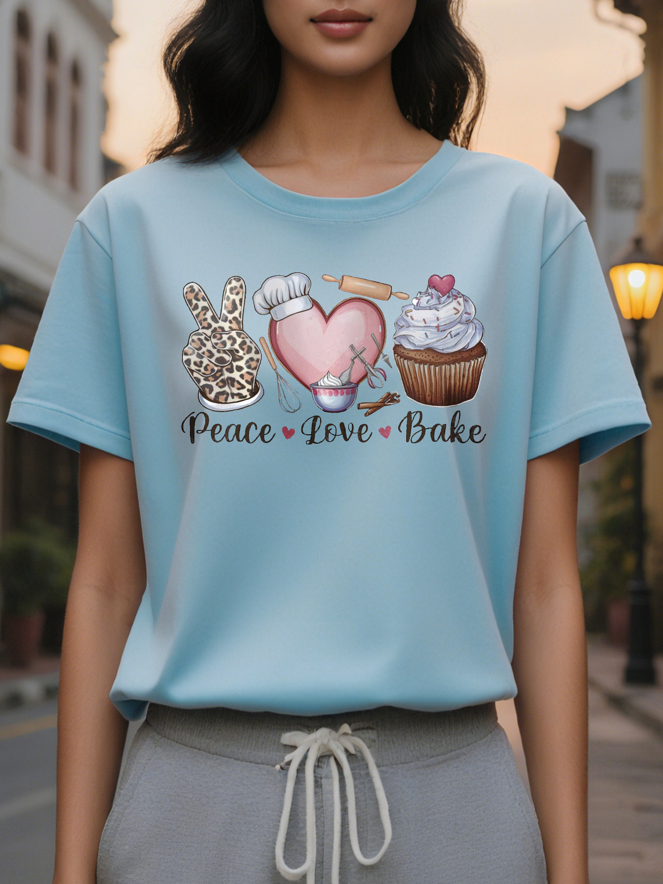 Women's elegant cotton T-shirt printed with the words peace love baking round neck short sleeve casual top summer