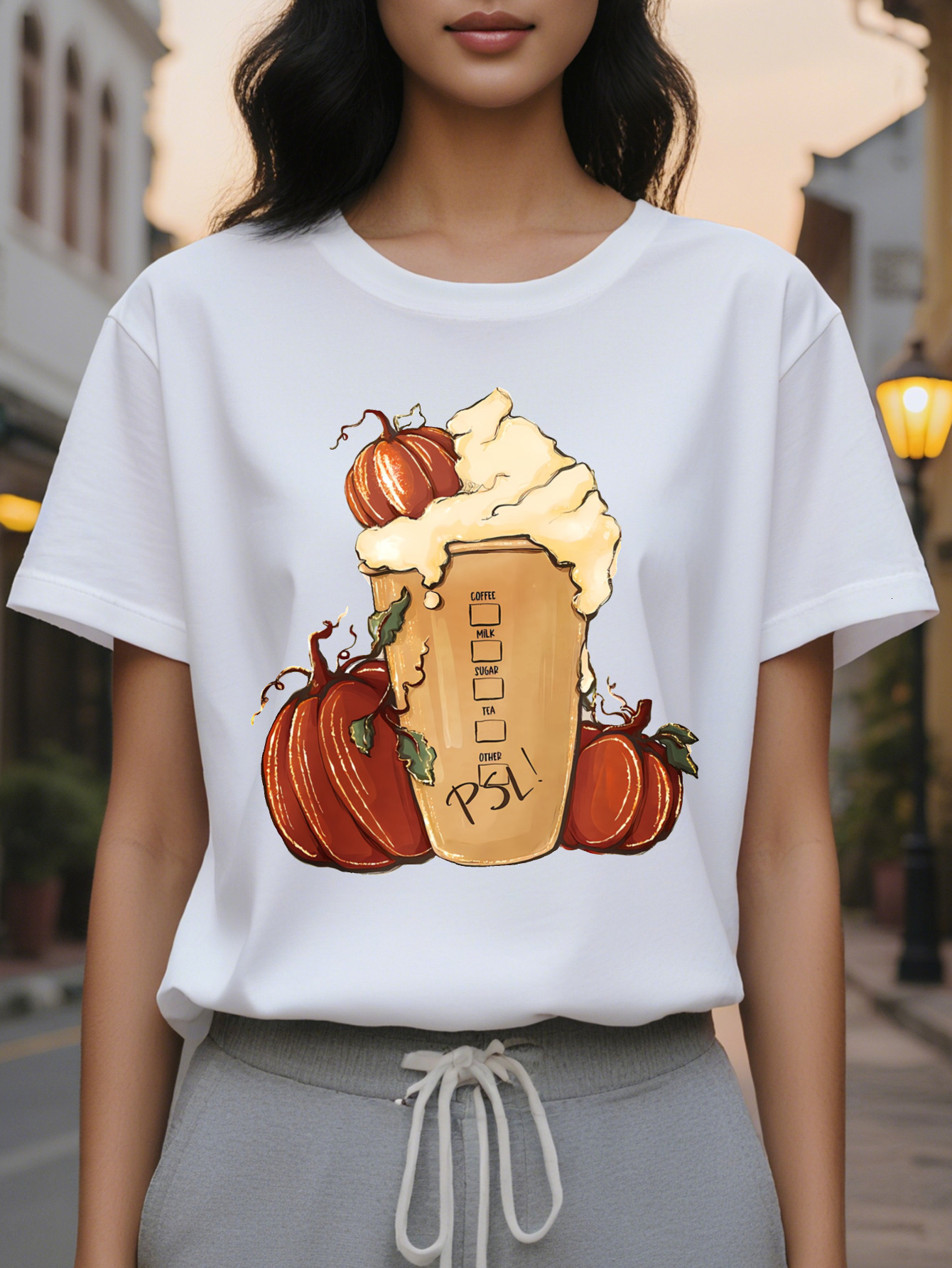 Women S Olive Green Casual T-Shirt Coffee Graphic Tee with Pumpkin Cup Lightweight Summer Top for Fall Outfits