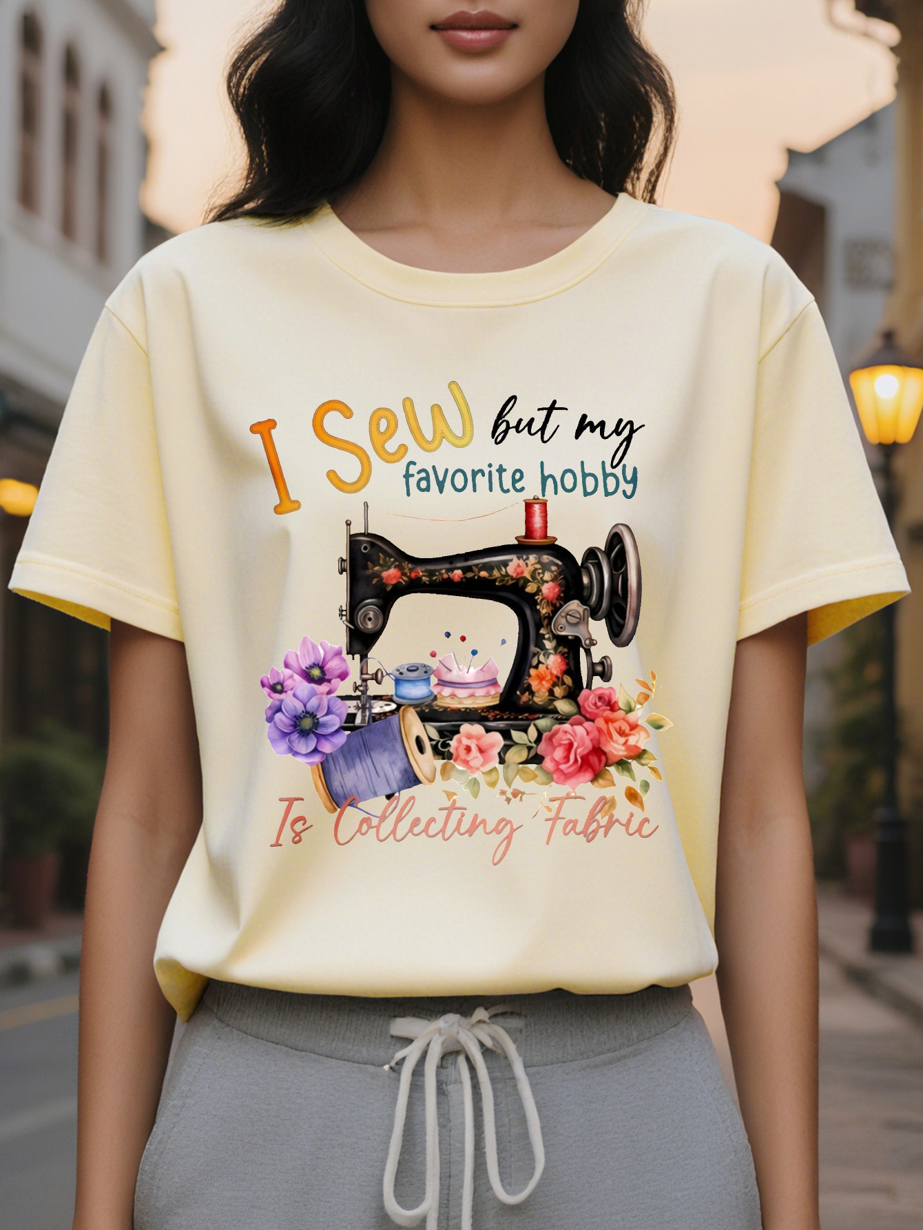 Women's Sewed But I Love Collecting Cloth Vintage Sewing and Floral T-Shirt Summer Spring Soft Stretch Round Neck